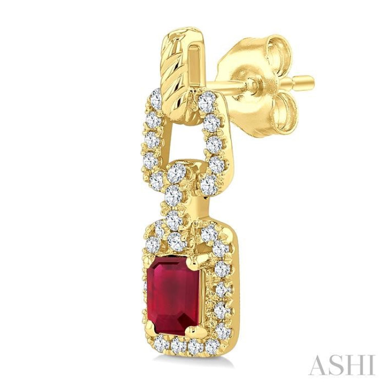 1/4 Ctw 4X3MM Octagon Shape Ruby and Round Cut Diamond Halo Precious Link Earring in 14K Yellow Gold