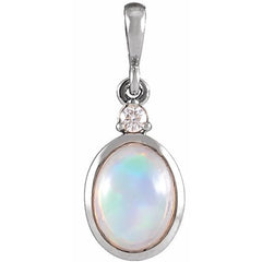 14K White Gold 8x6 mm Natural Ethiopian Opal & .03 CT Natural Diamond Pendant