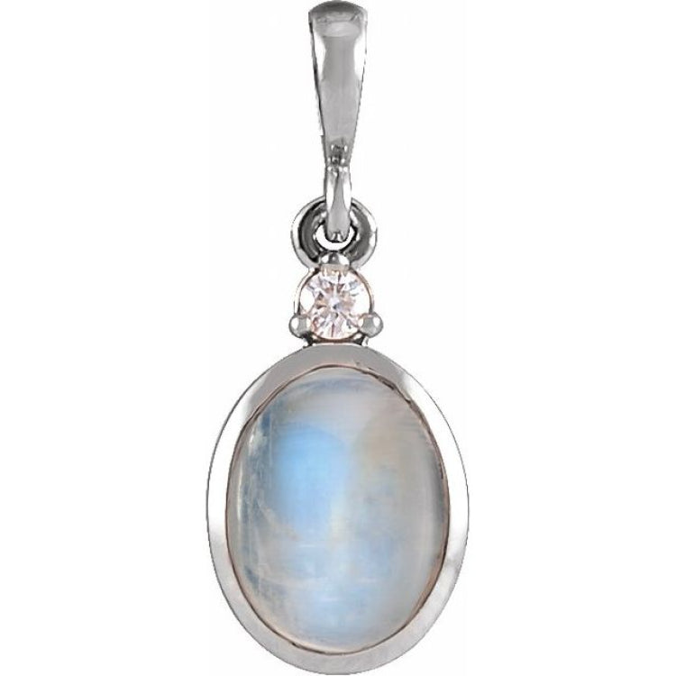 14K White Gold 8x6 mm Natural Rainbow Moonstone & .03 CT Natural Diamond Pendant
