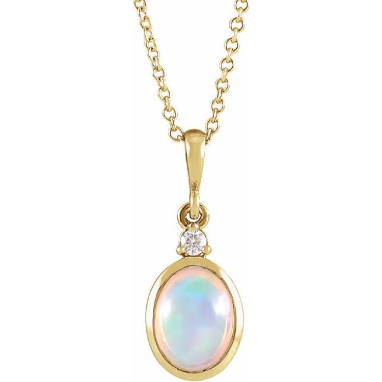 14K Yellow Gold 8x6 mm Natural Ethiopian Opal & .03 CT Natural Diamond 16-18" Necklace