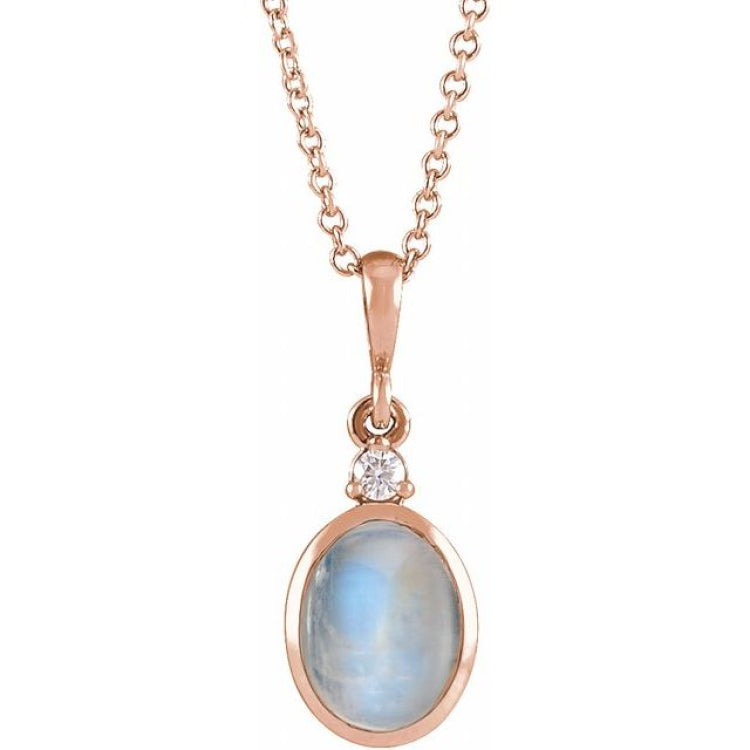 14K Rose Gold 8x6 mm Natural Rainbow Moonstone & .03 CT Natural Diamond 16-18" Necklace