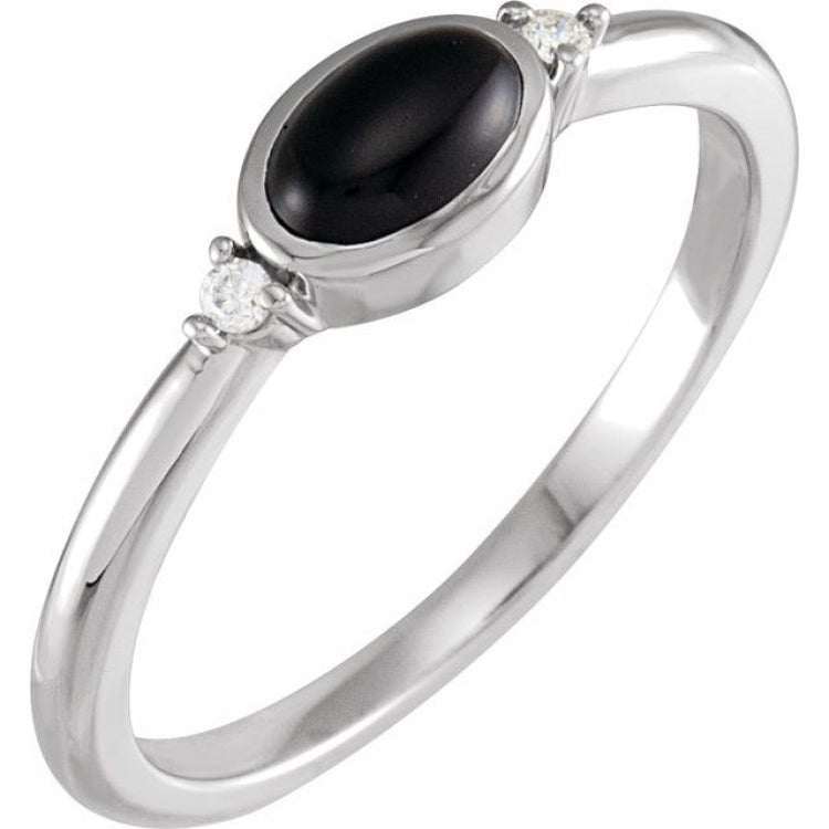 14K White Gold 6x4 mm Round Natural Black Onyx & .03 CTW Natural Diamond Ring