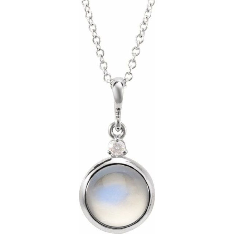 14K White Gold 6 mm Natural Rainbow Moonstone & .03 CT Natural Diamond Cabochon 16-18" Necklace