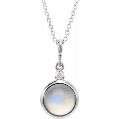 14K White Gold 6 mm Natural Rainbow Moonstone & .03 CT Natural Diamond Cabochon 16-18" Necklace