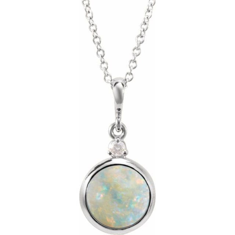 Platinum 6 mm Natural White Opal & .03 CT Natural Diamond Cabochon 16-18" Necklace