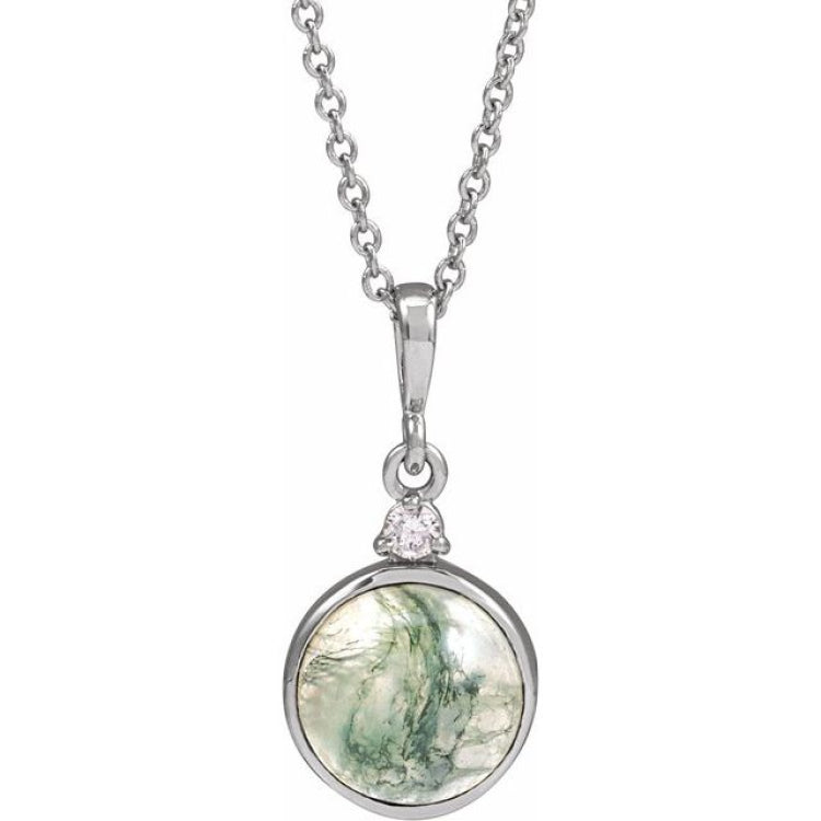 14K White Gold 8 mm Natural Moss Agate & .03 CTW Natural Diamond 16-18" Necklace