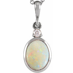 14K White Gold 12x10 mm Natural White Opal & .03 CT Natural Diamond Cabochon Pendant