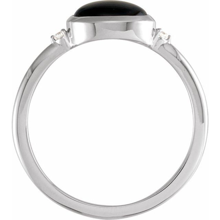 14K White Gold10x8 mm Round Natural Black Onyx & .03 CTW Natural Diamond Ring