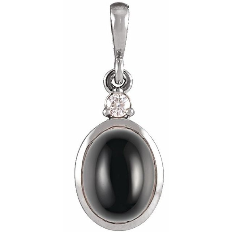 14K White Gold 9x7 mm Natural Black Onyx & .03 CT Natural Diamond Cabochon Pendant