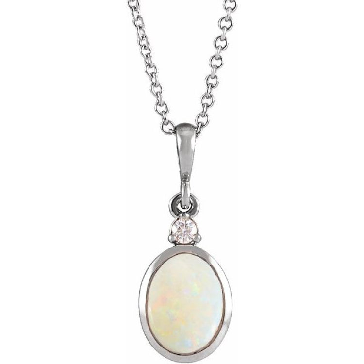 Sterling Silver 9x7 mm Natural White Opal & .03 CT Natural Diamond 16-18" Necklace