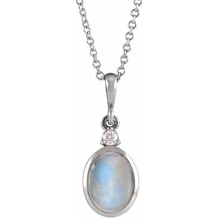 14K White Gold 9x7 mm Natural Rainbow Moonstone & .03 CT Natural Diamond 16-18" Necklace