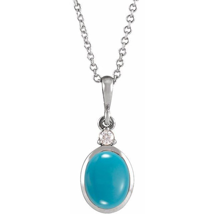 14K White Gold 9x7 mm Natural Turquoise & .03 CT Natural Diamond 16-18" Necklace