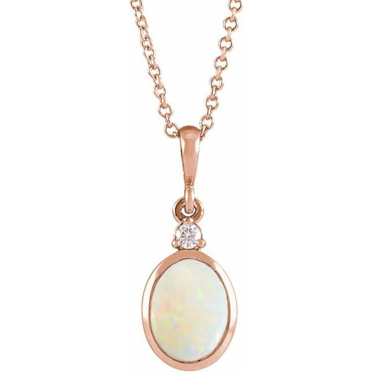 14K Rose Gold 9x7 mm Natural White Opal & .03 CT Natural Diamond 16-18" Necklace