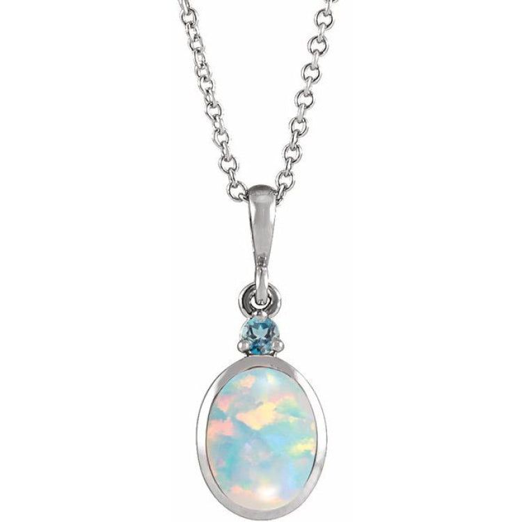 Platinum 8x6 mm Lab-Grown White Opal & Natural London Blue Topaz 16-18" Necklace