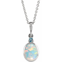 14K White Gold 8x6 mm Lab-Grown White Opal & Natural London Blue Topaz 16-18" Necklace