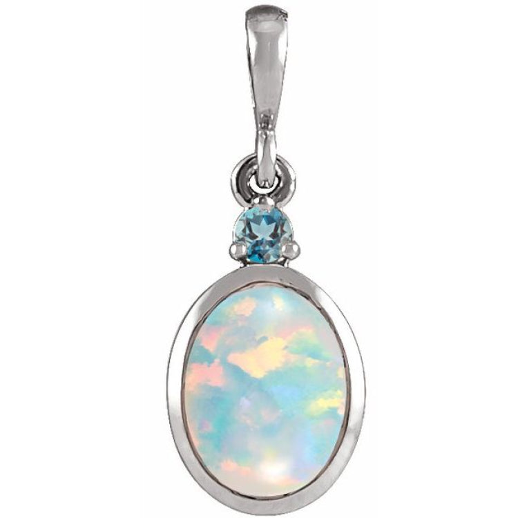 Platinum 5x3 mm Lab-Grown White Opal & Natural London Blue Topaz Pendant