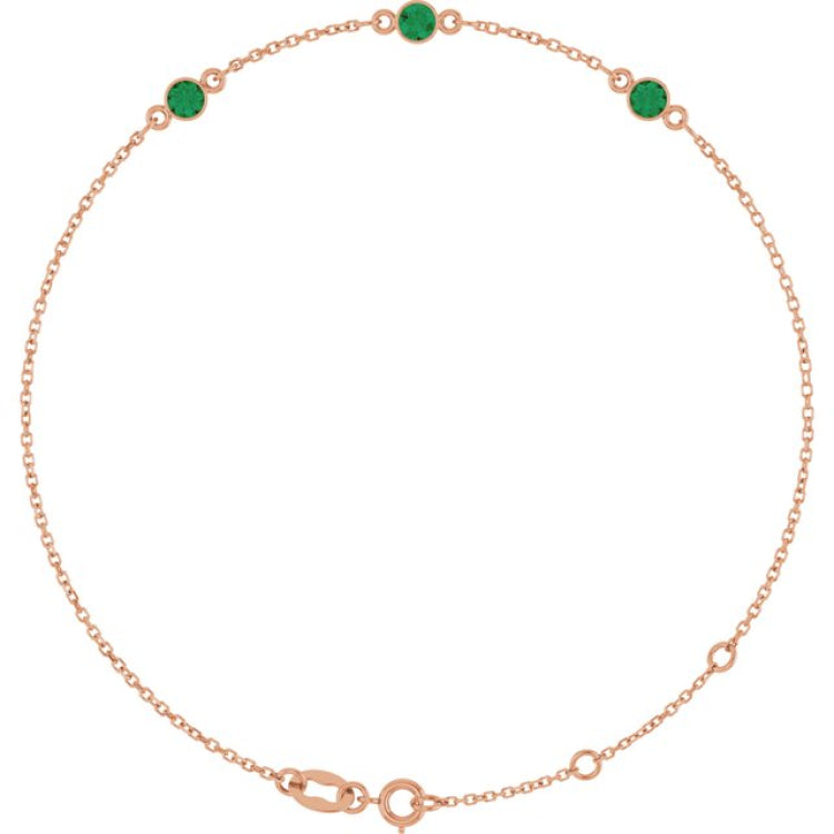 14K Rose Gold Natural Emerald Bezel-Set 3-Stone 6 1/2-7 1/2" Bracelet