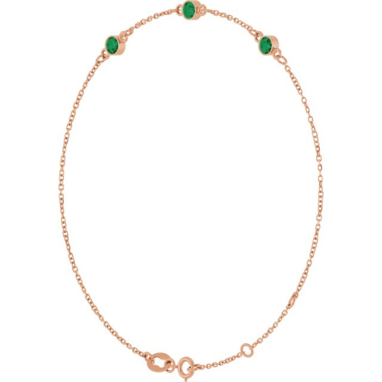 14K Rose Gold Natural Emerald Bezel-Set Three-Stone 6 1/2-7 1/2" Bracelet