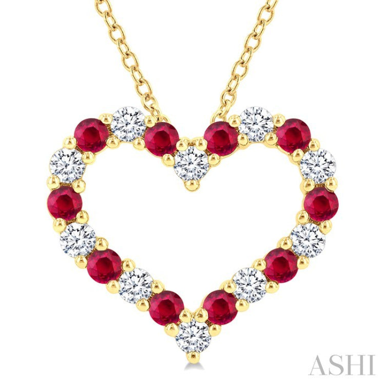 2.3 MM Round Cut Ruby and 1/2 Ctw Open Heart Round Cut Diamond Precious Fashion Pendant With Chain in 14K Yellow Gold