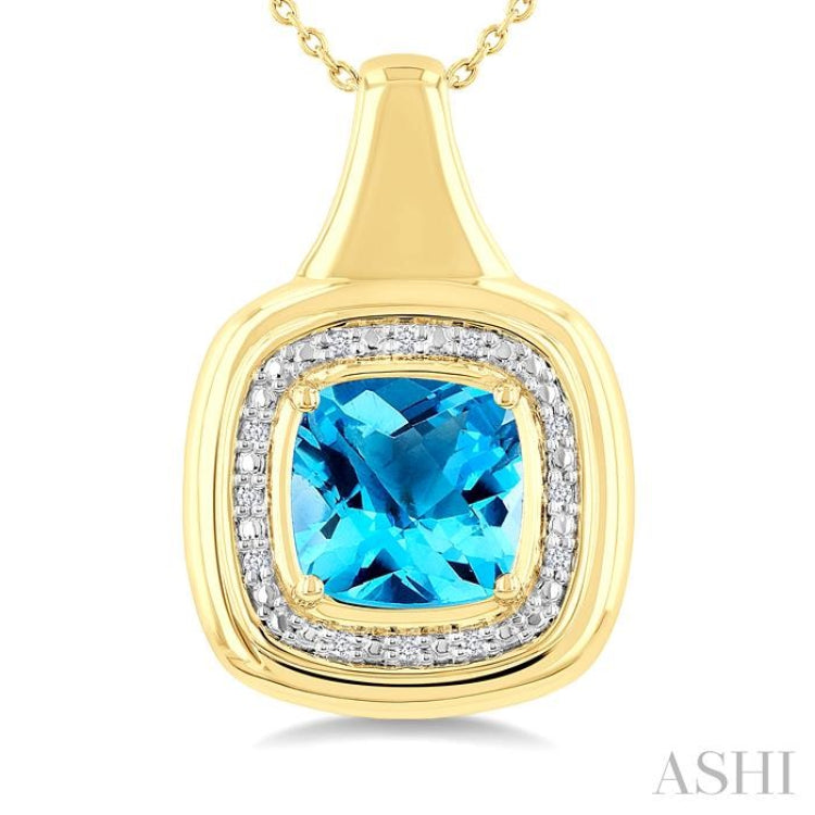 8 MM Cushion Shape Blue Topaz and 1/20 Ctw Round Cut Diamond Semi-Precious Pendant With Chain in Yellow Gold Vermeil