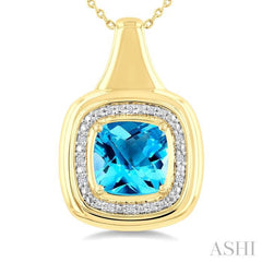 8 MM Cushion Shape Blue Topaz and 1/20 Ctw Round Cut Diamond Semi-Precious Pendant With Chain in Yellow Gold Vermeil