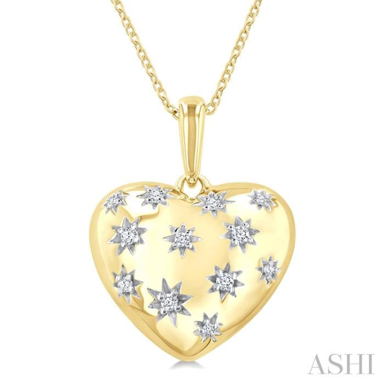 1/10 Ctw Bold Star Engraved Puffed Heart Round Cut Diamond Pendant With Chain in Yellow Gold Vermeil