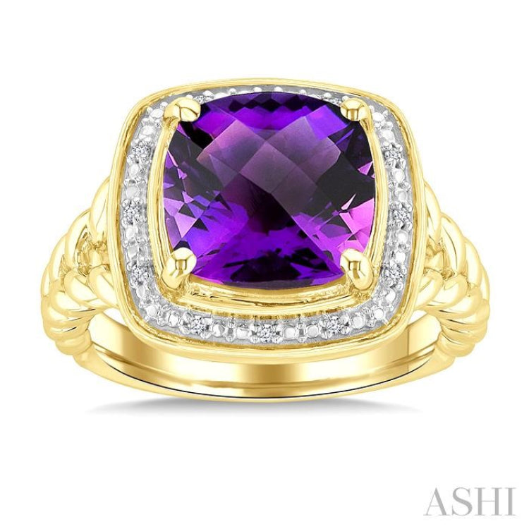 10 MM Cushion Shape Amethyst and 1/20 Ctw Round Cut Diamond Semi-Precious Ring in Yellow Gold Vermeil