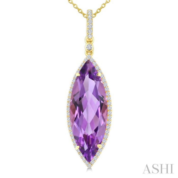 22X8 MM Evoque Gemstones Marquise Shape Amethyst and 1/4 Ctw Round Cut Diamond Semi-Precious Pendant With Chain in 14K Yellow Gold