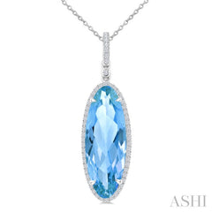 22X8 MM Evoque Gemstones Oval Shape Blue Topaz and 1/4 Ctw Round Cut Diamond Semi-Precious Pendant With Chain in 14K White Gold