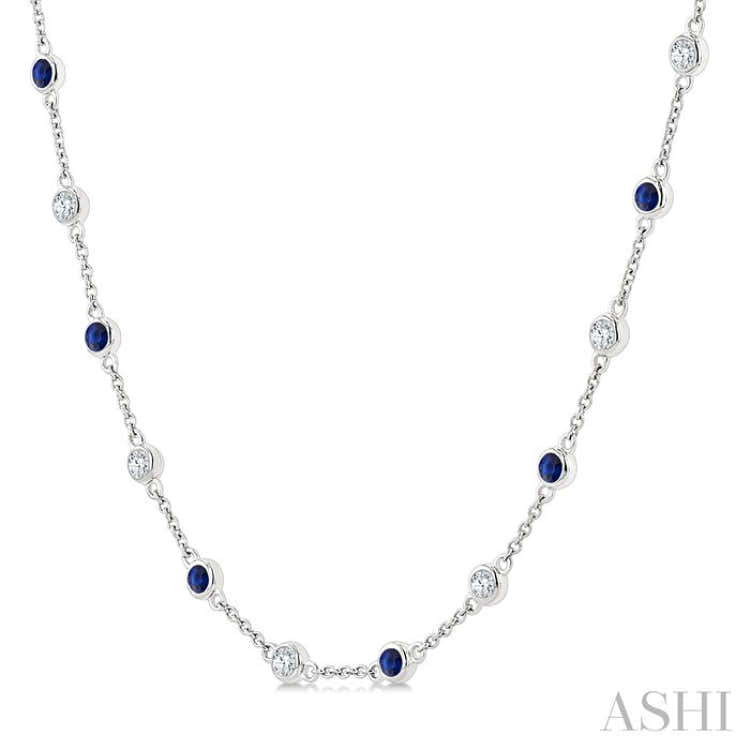 2.4 MM Round Shape Sapphire and 7/8 Ctw Round Cut Diamond Precious Station Necklace in 14K White Gold