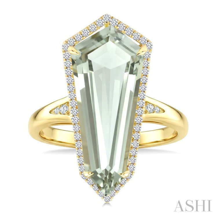 22X9 MM Evoque Gemstone Shield Shape Green Amethyst and 1/4 Ctw Round Cut Diamond Semi-Precious Ring in 14K Yellow Gold