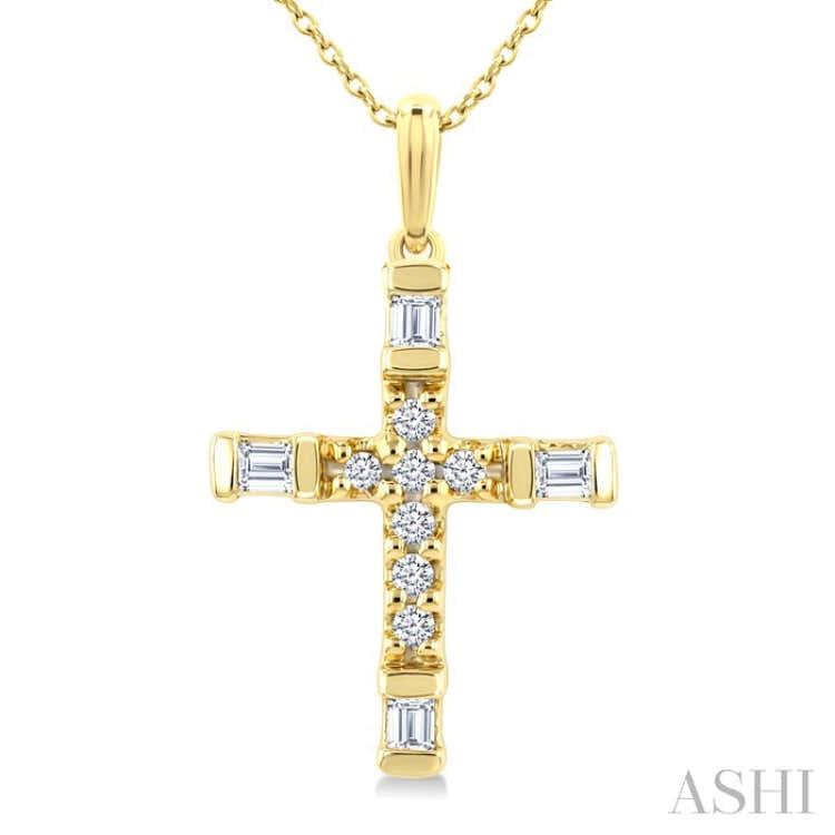 1/20 Ctw Baguette and Round Cut Diamond Cross Shape Fashion Pendant With Chain in 10K Yellow Gold