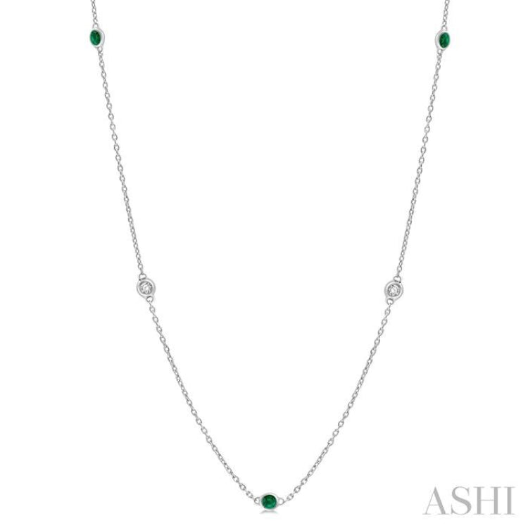 2.25 MM Emerald and 1/4 Ctw Round Cut Diamond Precious Station Necklace in 14K White Gold