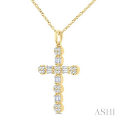 1/3 Ctw Floral Cross Fusion Baguette and Round Cut Diamond Fashion Pendant With Chain in 14K Yellow Gold