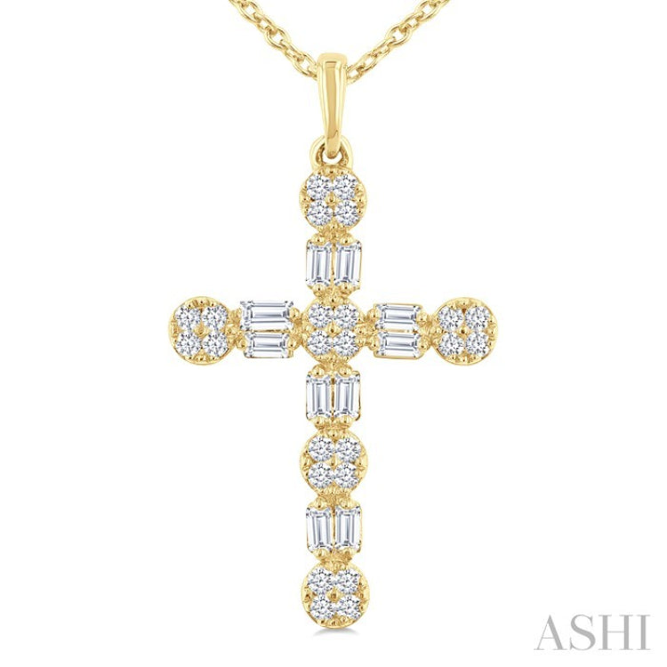 1/3 Ctw Floral Cross Fusion Baguette and Round Cut Diamond Fashion Pendant With Chain in 14K Yellow Gold