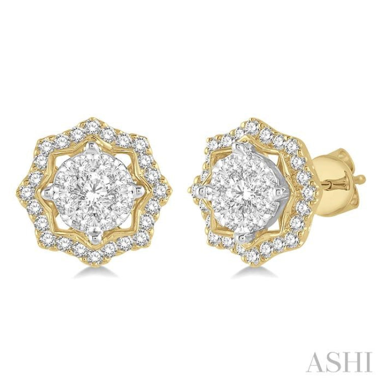 3/4 Ctw Star Lattice Lovebright Round Cut Diamond Earrings in 14K Yellow and White Gold