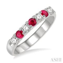 2.6 MM Ruby and 1/4 Ctw Round Cut Diamond Precious Wedding Band in 14K White Gold