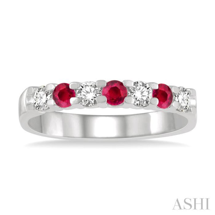 2.6 MM Ruby and 1/4 Ctw Round Cut Diamond Precious Wedding Band in 14K White Gold