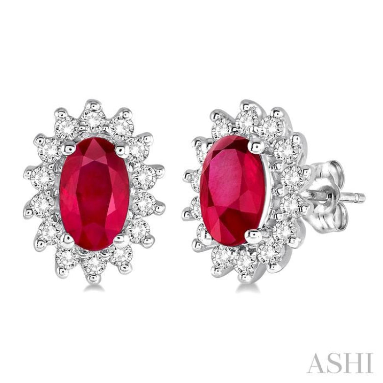 5X3 MM Oval Cut Center Ruby and 1/5 Ctw Round Cut Diamond Sunflower Precious Earrings in 10K White Gold