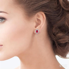 5X3 MM Oval Cut Center Ruby and 1/5 Ctw Round Cut Diamond Sunflower Precious Earrings in 10K White Gold
