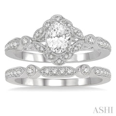 3/4 Ctw Round Cut Diamond Wedding Set With 5/8 Ctw Oval Cut Floral Engagement Ring and 1/10 Ctw Lattice Wedding Band in 14K White Gold