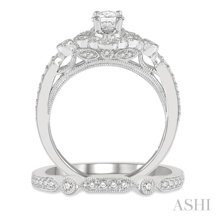 3/4 Ctw Round Cut Diamond Wedding Set With 5/8 Ctw Oval Cut Floral Engagement Ring and 1/10 Ctw Lattice Wedding Band in 14K White Gold