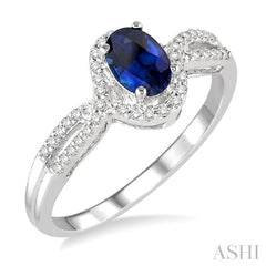 6X4 MM Oval Cut Sapphire and 1/6 Ctw Round Cut Diamond Ring in 14K White Gold
