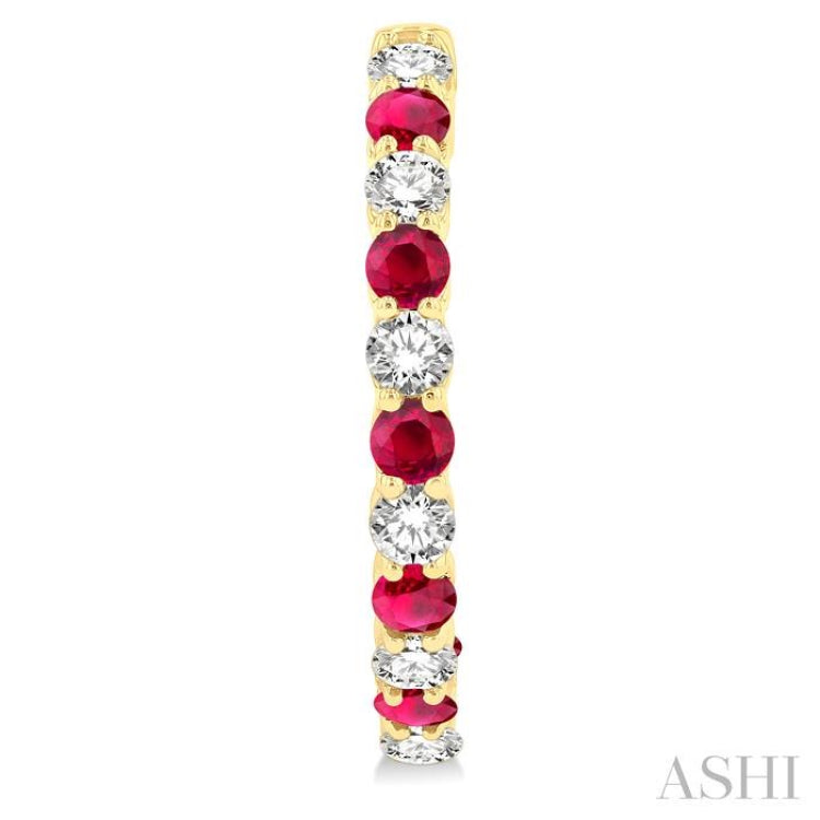 2.7 MM Round Shape Ruby and 1 1/4 Ctw Interior & Exterior Round Cut Diamond Precious Hoop Earrings in 14K Yellow Gold