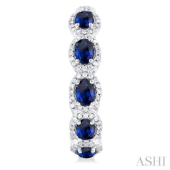 4X3 MM Oval Shape Sapphire and 3/4 Ctw Interior & Exterior Round Cut Diamond Halo Precious Hoop Earrings in 14K White Gold
