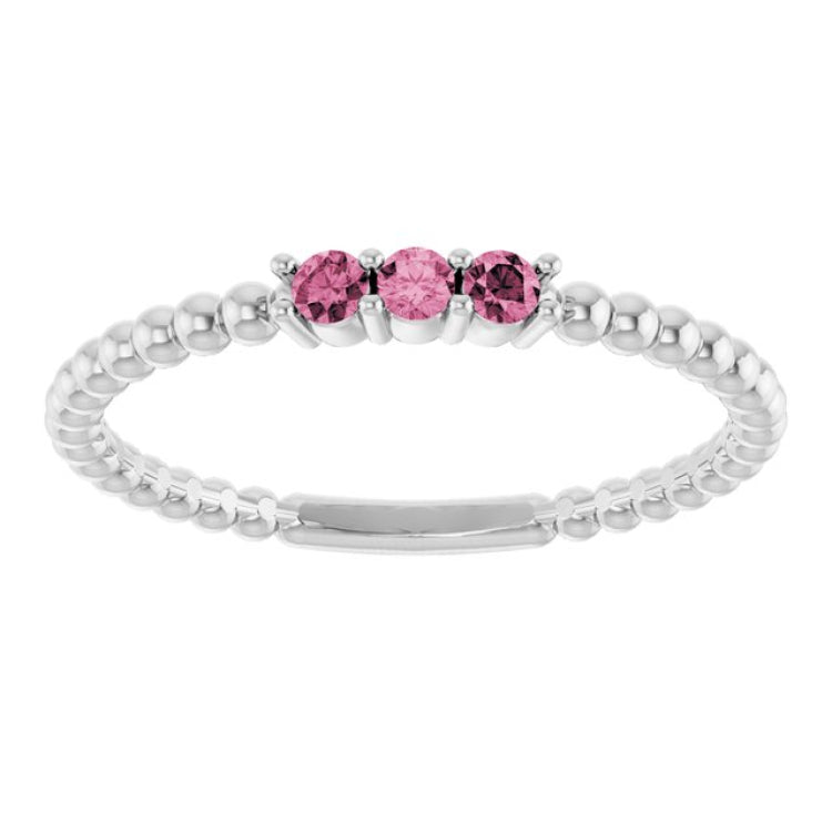 14K White Gold Natural Pink Tourmaline Beaded Ring