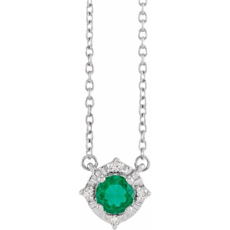 14K White Gold Lab-Grown Emerald & .04 CTW Natural Diamond Halo-Style 18" Necklace