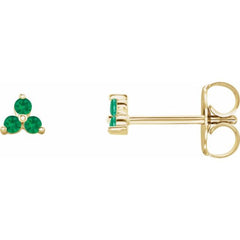 14K Yellow Gold Natural Emerald Three Stone Earrings