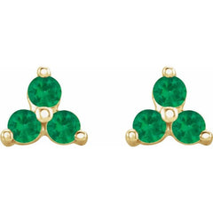 14K Yellow Gold Natural Emerald Three Stone Earrings