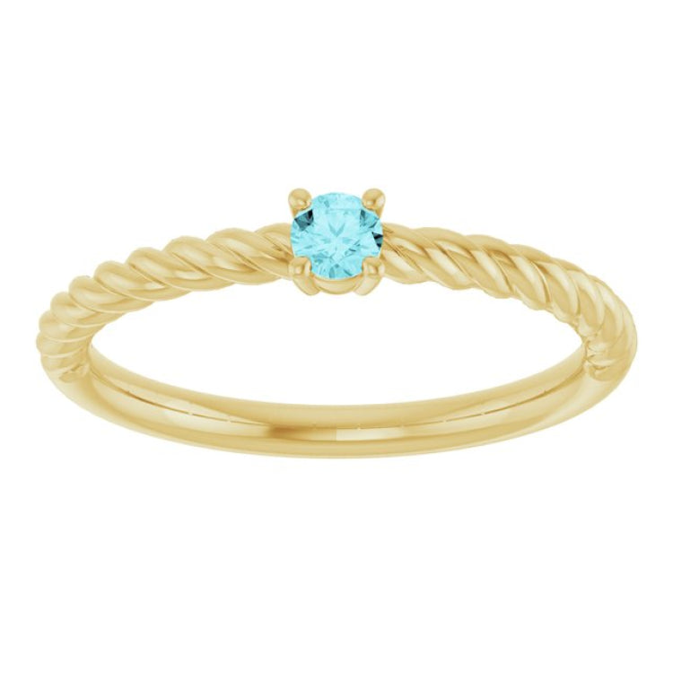 14K Yellow Gold 3 mm Natural Blue Zircon Solitaire Rope Ring